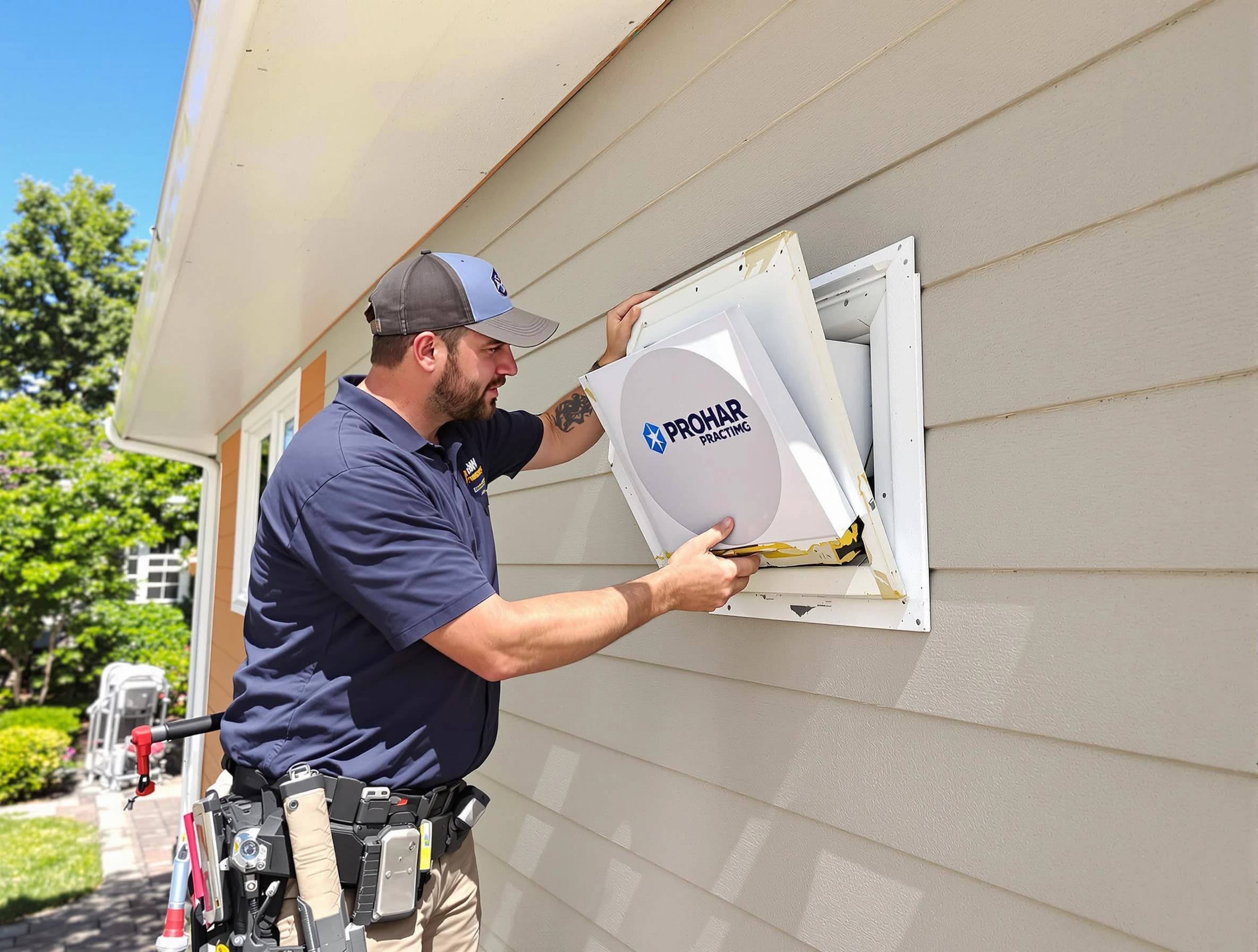 Bensley Dryer Vent Cleaning technician installing a new protective dryer vent cover on a home in Bensley