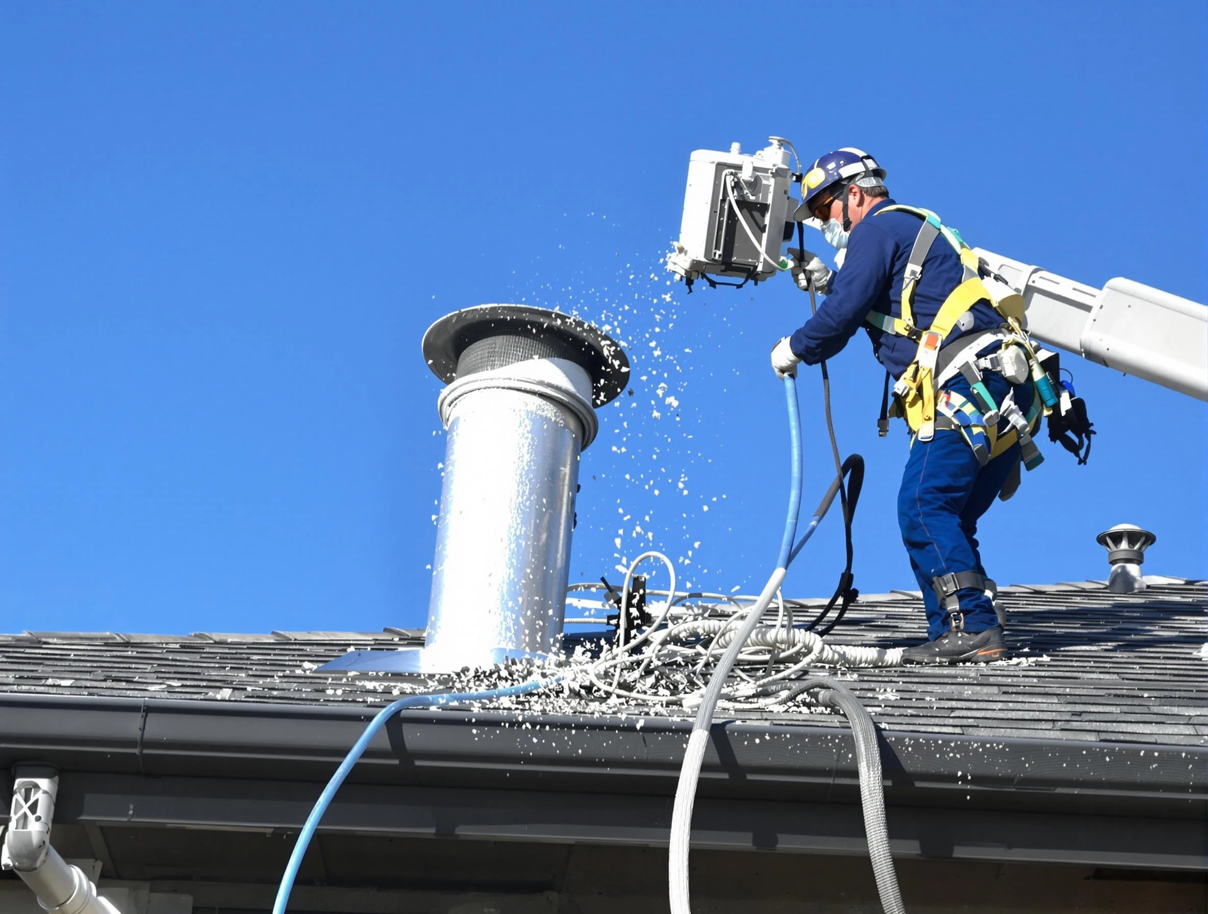 Bensley Dryer Vent Cleaning certified technician safely cleaning a roof-mounted dryer vent in Bensley